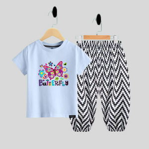 (2Y–12 Years) Code,73 Butterfly Bliss Girls’ T-Shirt & Pant Set – Sky Blue & Chevron