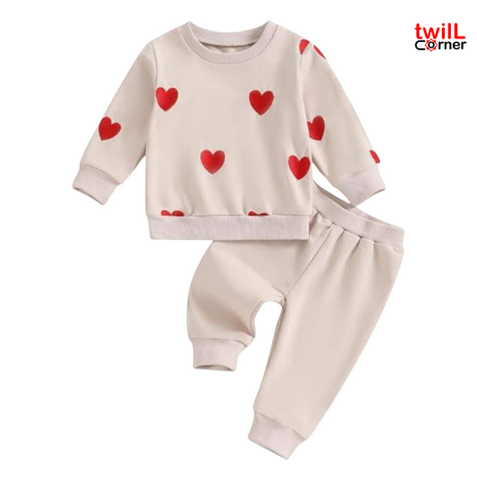 Winter Heart Print Sweatshirt and Pants Outfit:Style for Girls / Boy