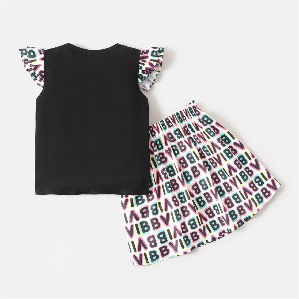 L.O.L. Surprise! Girls Skirt Set 2Pcs Kid Girl Graphic Print Tie Knot Ruffle Sleeve Cotton Tee and Allover Print Skirt Set Blackened White