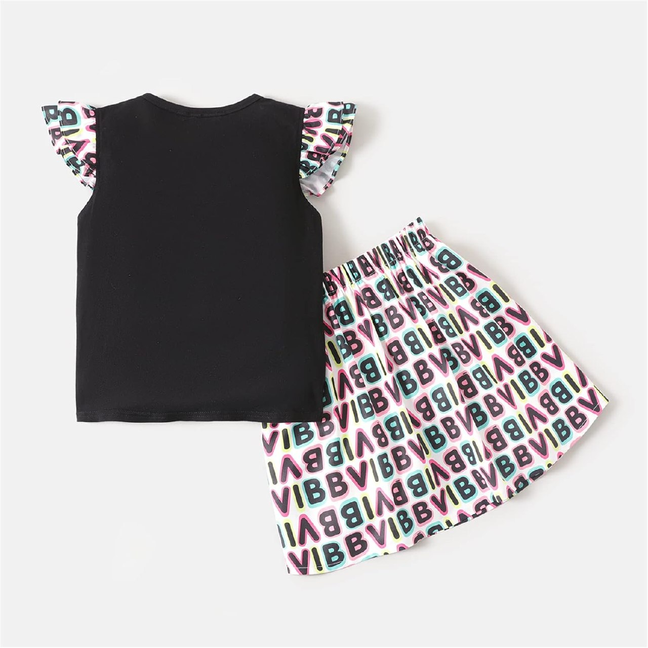 L.O.L. Surprise! Girls Skirt Set 2Pcs Kid Girl Graphic Print Tie Knot Ruffle Sleeve Cotton Tee and Allover Print Skirt Set Blackened White